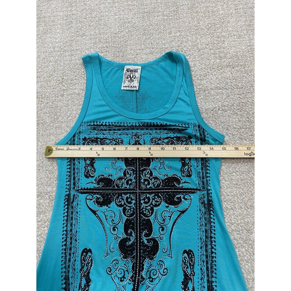 Y2K Vocal Turquoise Sleeveless Rhinestone Cross Tunic Top Rayon Spandex Size S - Picture 8 of 15
